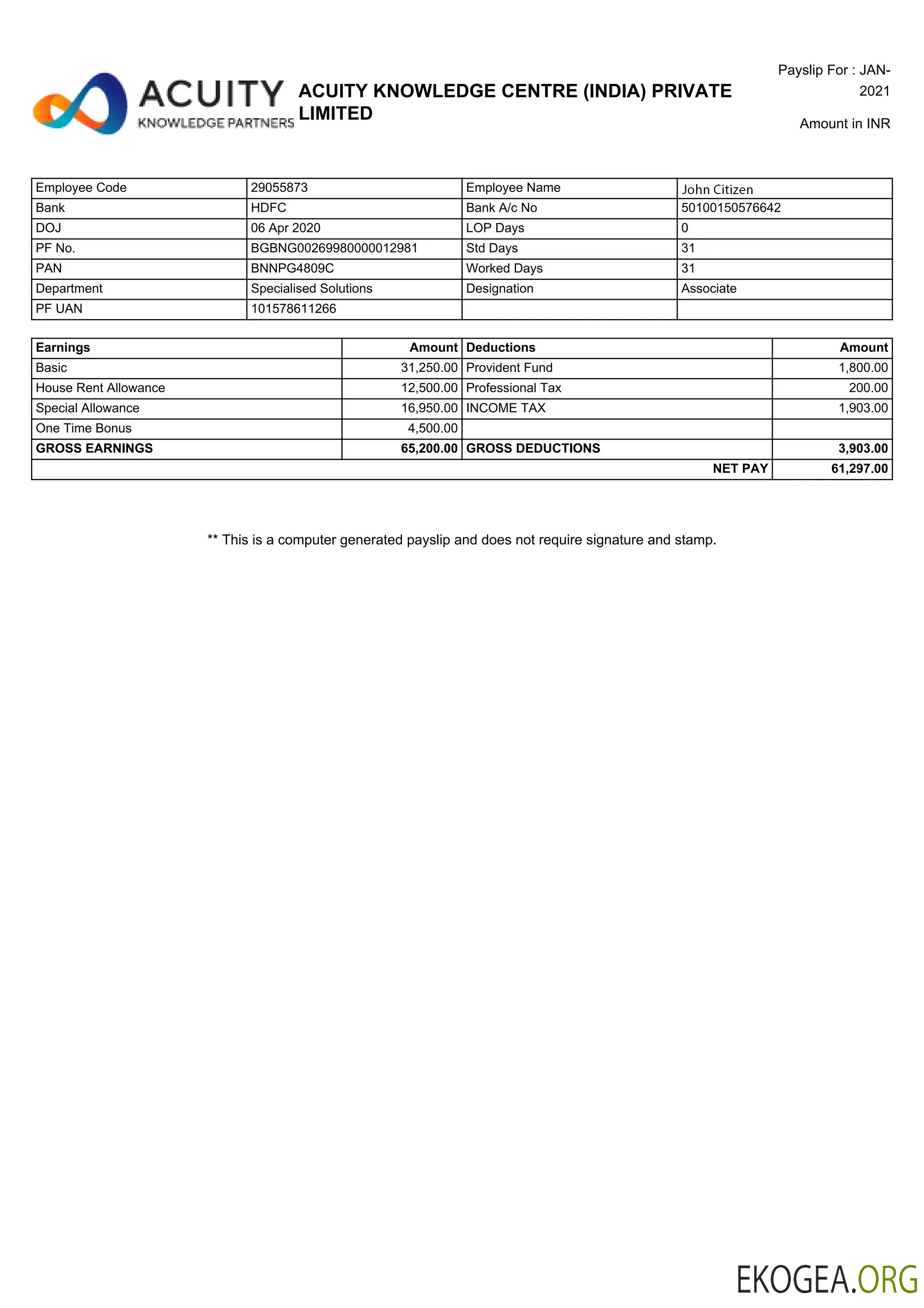 Fiche de paie d'INDA ACUITY Knowledge Center Private Limited aux formats Word et PDF
